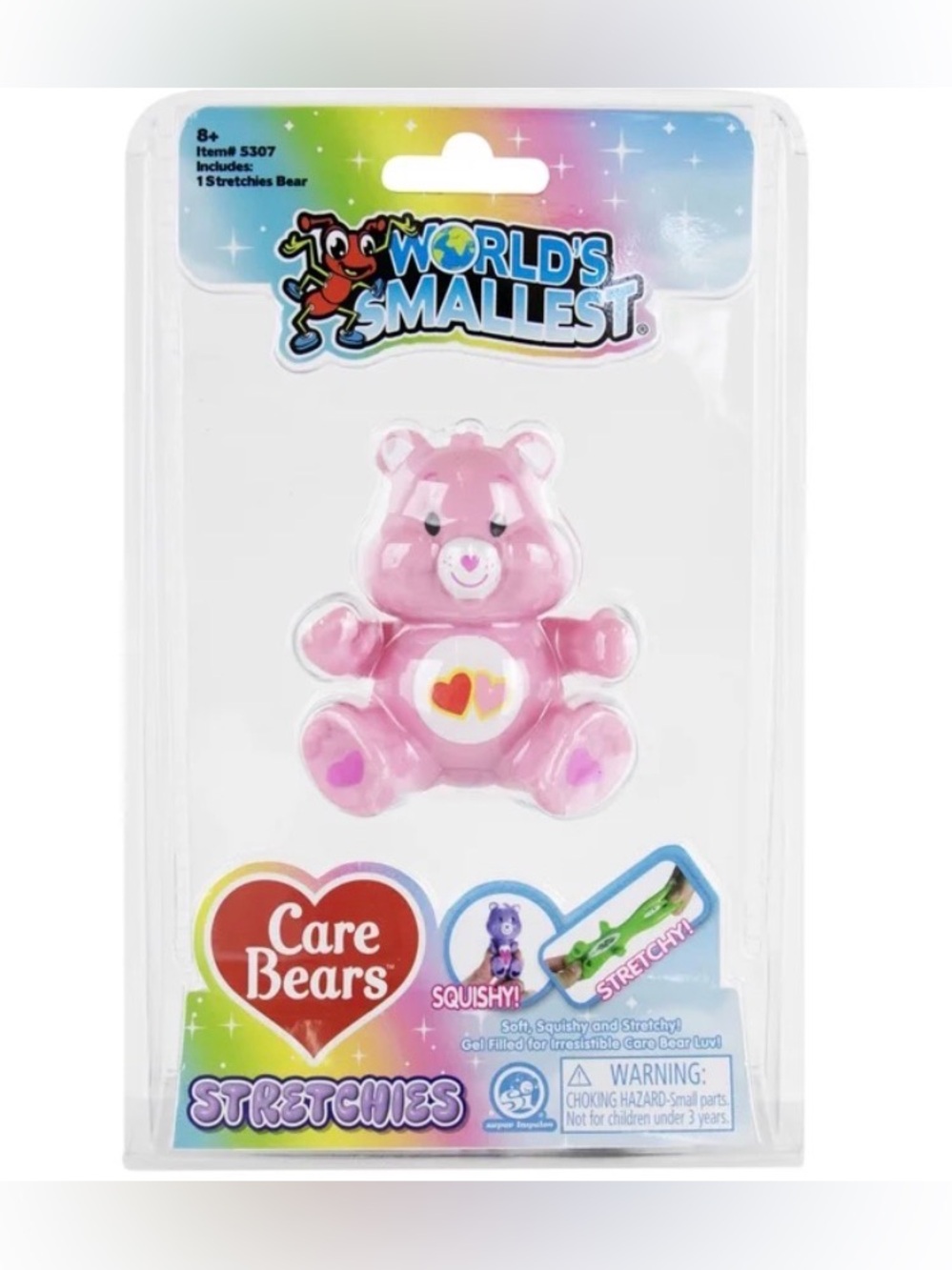 Care Bears Stretchies Mini Bear with Heart- Worlds Smallest (Pink or Brown)